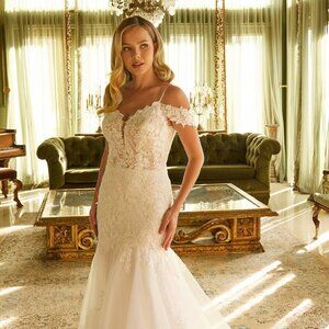 NEW OFF SHOULDER LONG WEDDING MERMAID GOWN W/ FLORAL LACE EMBROIDERY GL3537
